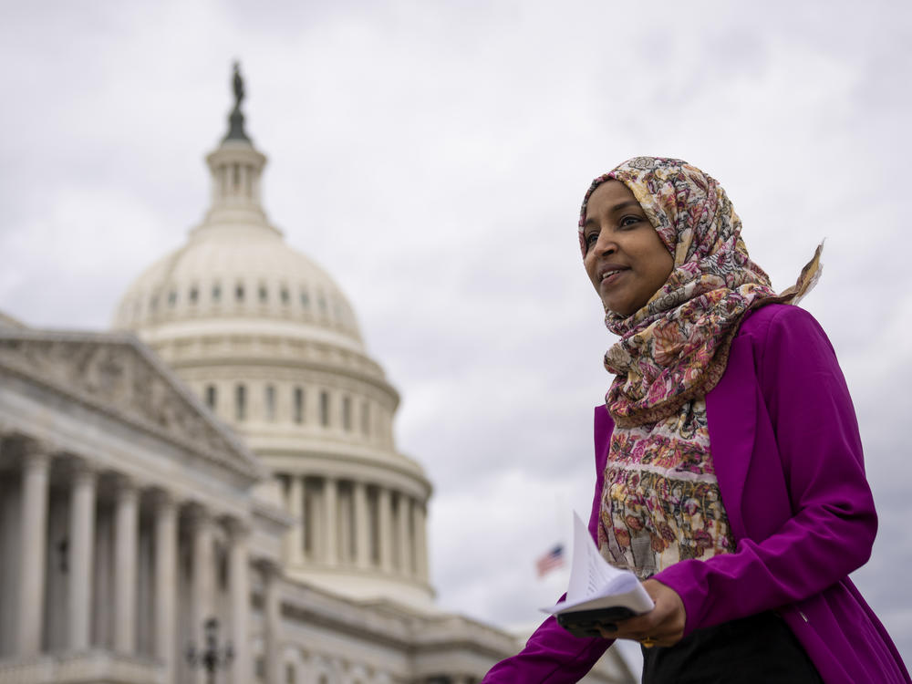 Rep. Ilhan Omar, D-Minn., departs a news conference outside the U.S. Capitol on Jan. 26.