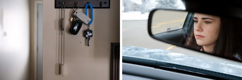 Left: Kaitlyn Arland's car keys hang next to her dog tags at her home in Junction City, Kansas. Right: When Arland pushed back on the dealer's new terms and a higher down payment, the finance manager told her they would report the car as stolen.