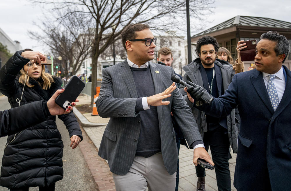 Rep. George Santos, R-N.Y., leaves a House GOP conference meeting on Capitol Hill in Washington, D.C., Wednesday, Jan. 25.
