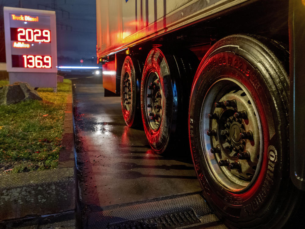 Tires of a truck are pictured at a gas station in Frankfurt, Germany, Jan. 27. A European ban on imports of diesel fuel and other products made from crude oil in Russian refineries takes effect Feb. 5. The goal is to stop feeding Russia's war chest, but fuel costs have already jumped since the war started and they could rise again.