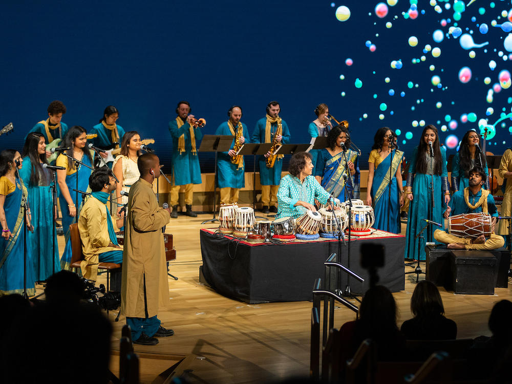 Members of The Berklee Indian Ensemble with Zakir Hussain.