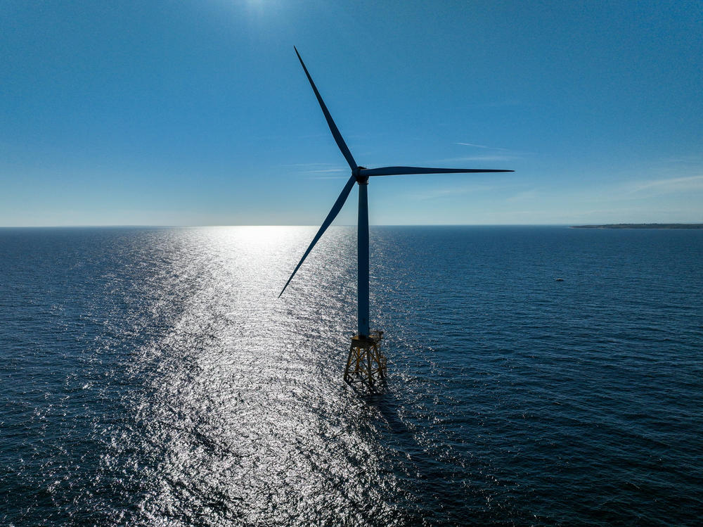 A wind turbine generates electricity at the Block Island Wind Farm near Block Island, Rhode Island. The first commercial offshore wind farm in the United States is located 3.8 miles from Block Island, Rhode Island in the Atlantic Ocean.