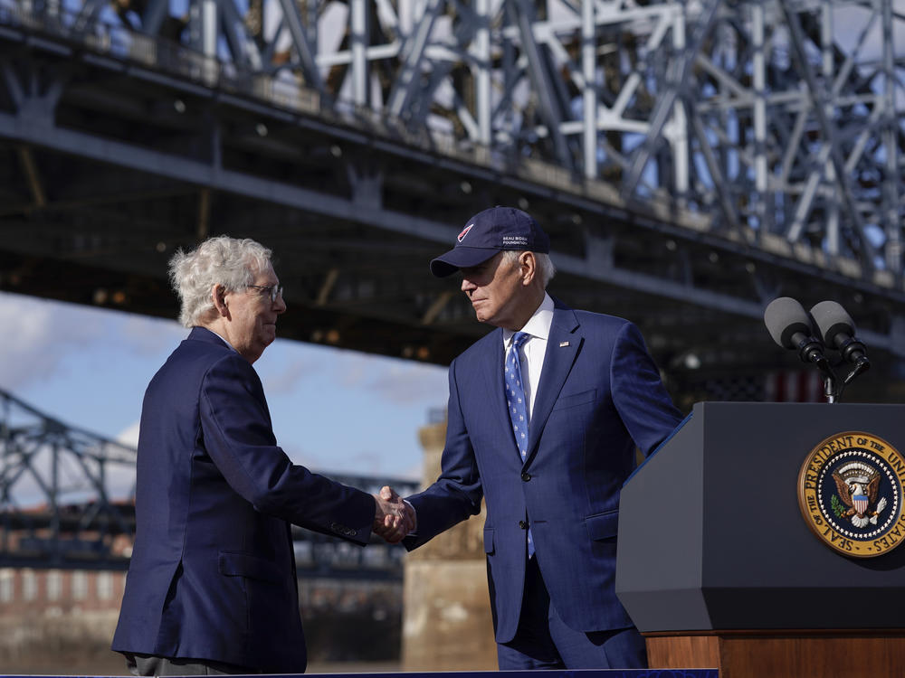 President Biden shakes hands with Senate Republican Leader Mitch McConnell on Jan. 4 in Covington, Ky., at an announcement for funding for repairs to the Brent Spence Bridge.
