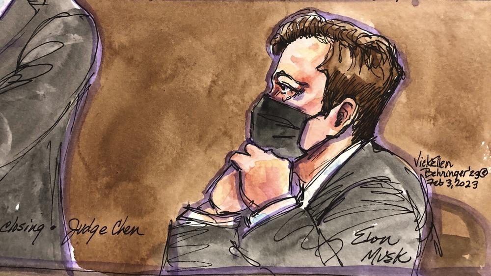 Elon Musk, depicted in this courtroom sketch, sat stoically in court, while he was both vilified as a rich narcissist whose reckless behavior risks 