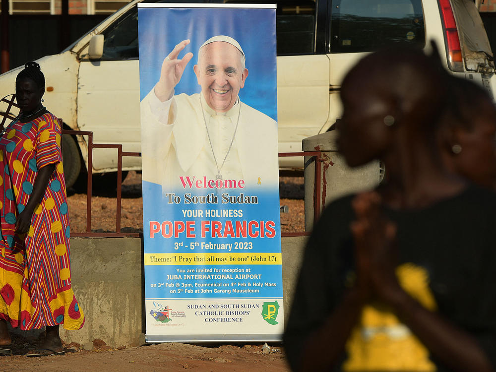 A portrait of Pope Francis in South Sudan.