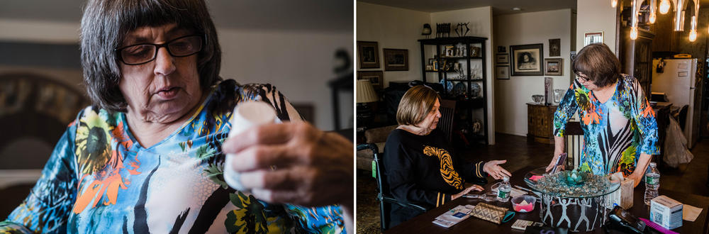 Louise sorts through Eileen's medications. 