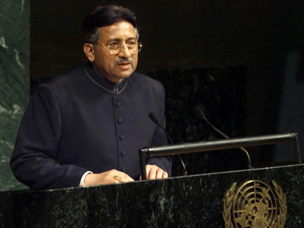 FILE - Pervez Musharraf addresses the U.N. General Assembly on Nov. 10, 2001, at the United Nations headquarters in New York. An official said Sunday, Feb. 5, 2023, Gen. Pervez Musharraf, Pakistan military ruler who backed US war in Afghanistan after 9/11, has died.