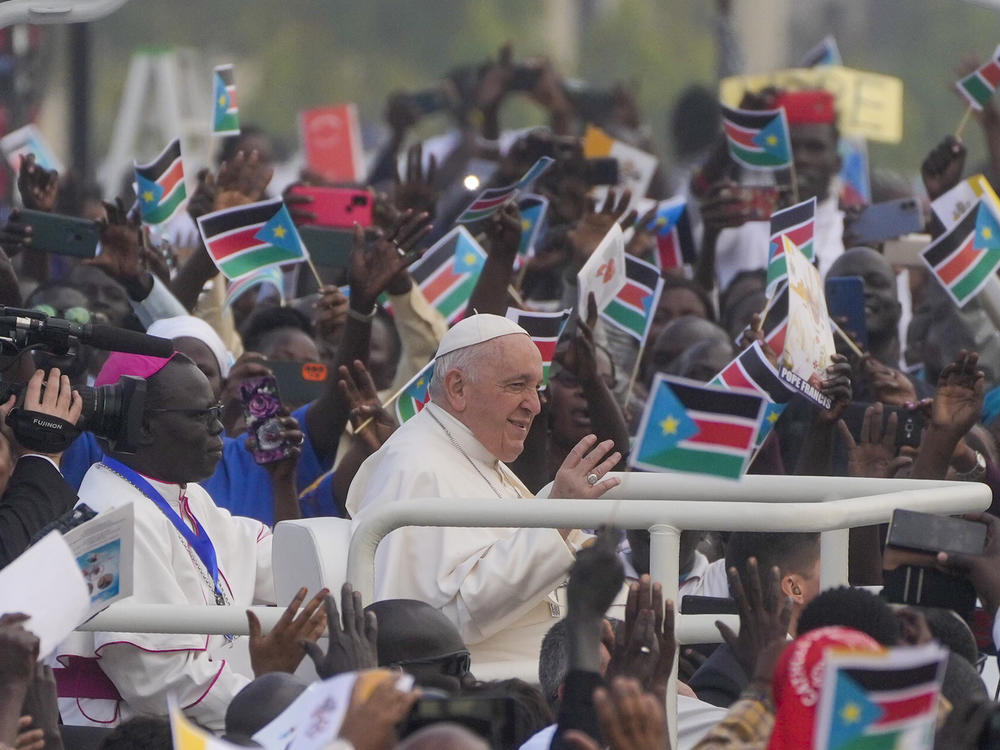 Pope Francis arrives to celebrate mass at the John Garang Mausoleum in Juba, South Sudan, Sunday, Feb. 5, 2023. Francis is in South Sudan on the second leg of a six-day trip that started in Congo, hoping to bring comfort and encouragement to two countries that have been riven by poverty, conflicts and what he calls a 