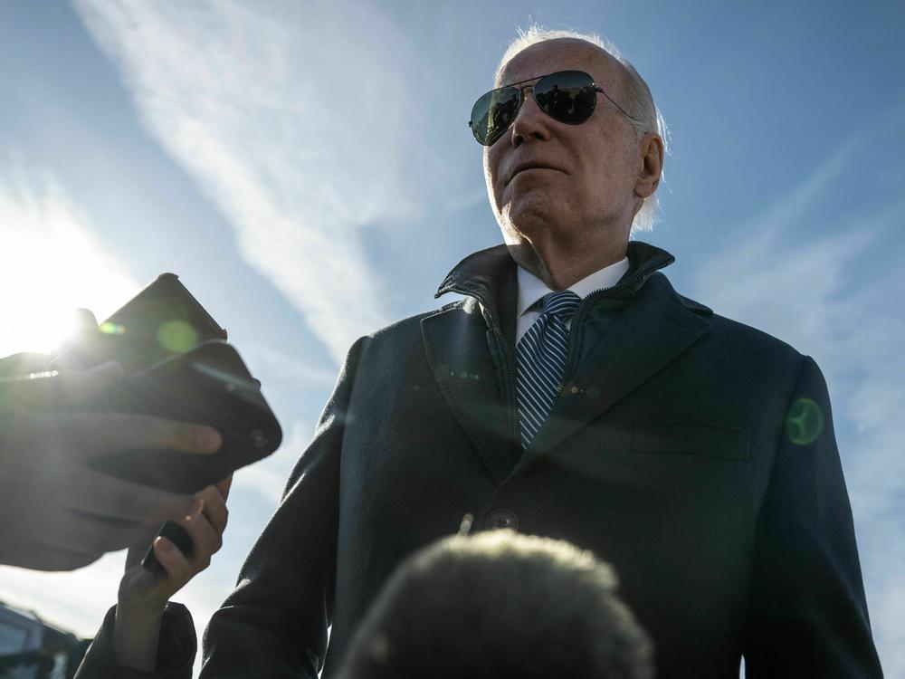 President Biden speaks to reporters after arriving in Hagerstown, Md., on Saturday. He congratulated the aviators who took down the Chinese balloon.