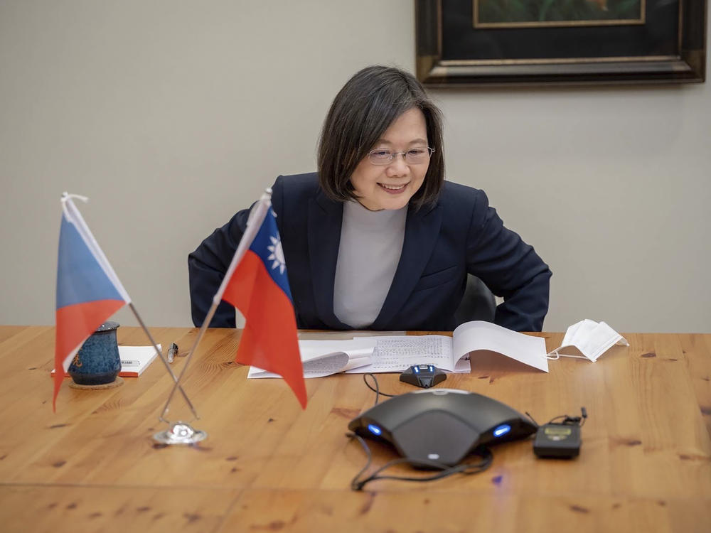 In this photo released by the Taiwan Presidential Office, Taiwan's President Tsai Ing-wen speaks by phone with the Czech Republic's President-elect Petr Pavel in Taipei, Taiwan, Jan. 30.