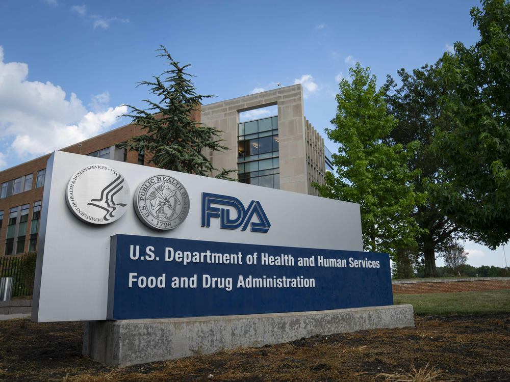 A sign for the Food and Drug Administration is seen outside of the headquarters in White Oak, Md., on July 20, 2020. The FDA announced a recall of hundreds of ready-to-eat food products.