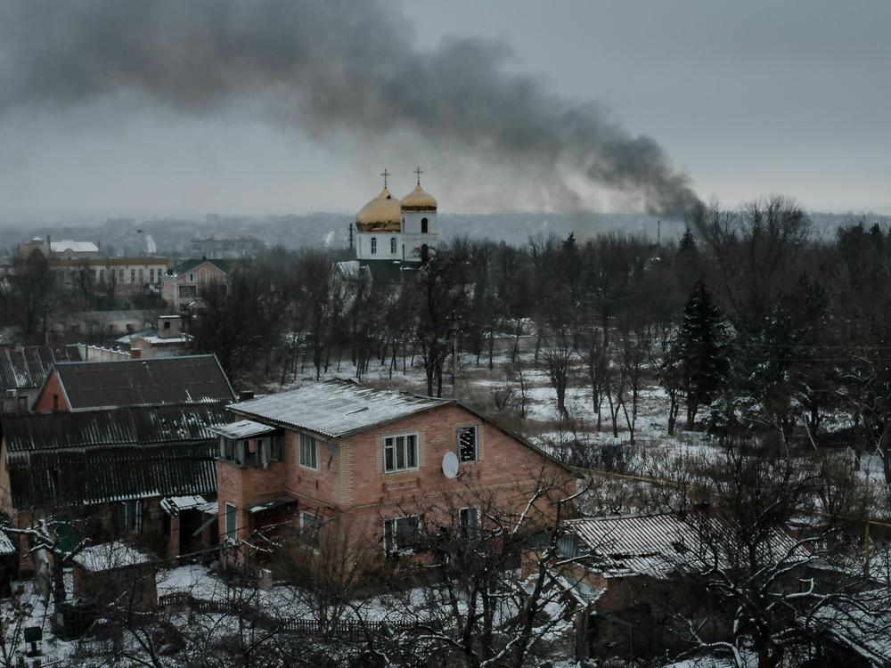 Black smoke rises after shelling in Bakhmut, in eastern Ukraine, on Feb. 3, amid the Russian invasion of Ukraine.