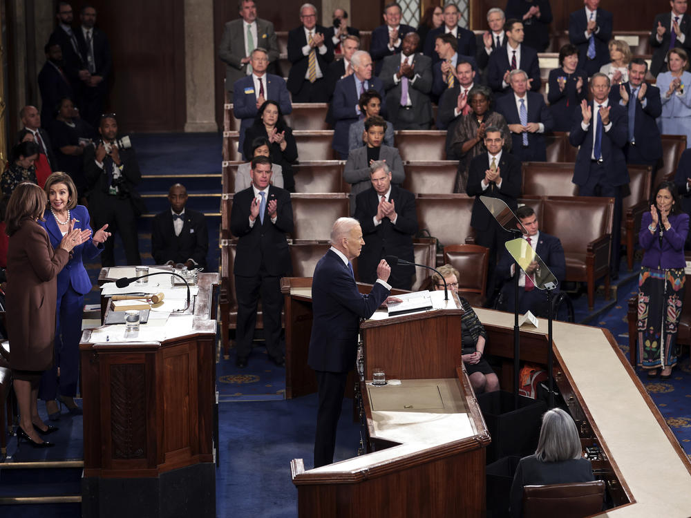 U.S. President Joe Biden delivers the State of the Union address alongside Vice President Kamala Harris and Speaker of the House Nancy Pelosi (D-CA) during a joint session of Congress in the U.S. Capitol's House Chamber March 01, 2022 in Washington, DC.
