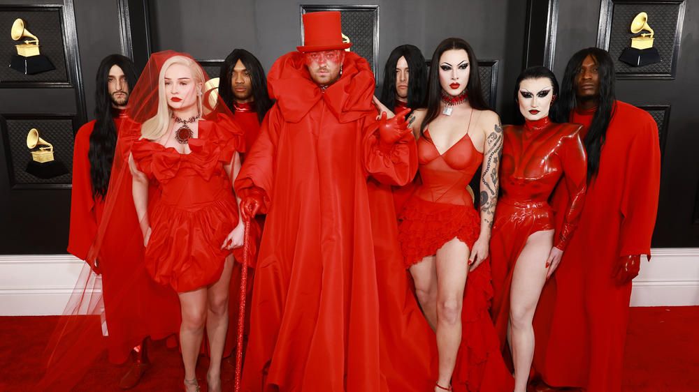 From left: Kim Petras, Sam Smith, Violet Chachki and Gottmik on the red carpet of the 65th Grammy Awards,  Feb. 5, 2023 in LA.