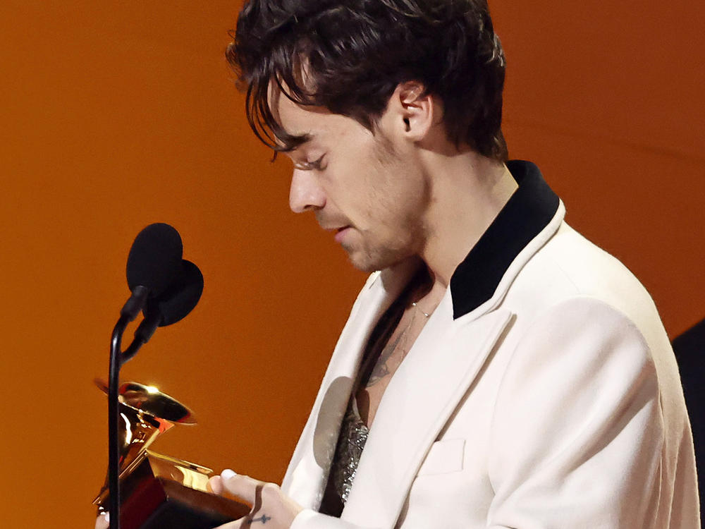 Harry Styles accepts the album of the year award for <em>Harry's House</em> during the 65th Grammy Awards on Feb. 05, 2023 in Los Angeles, California.