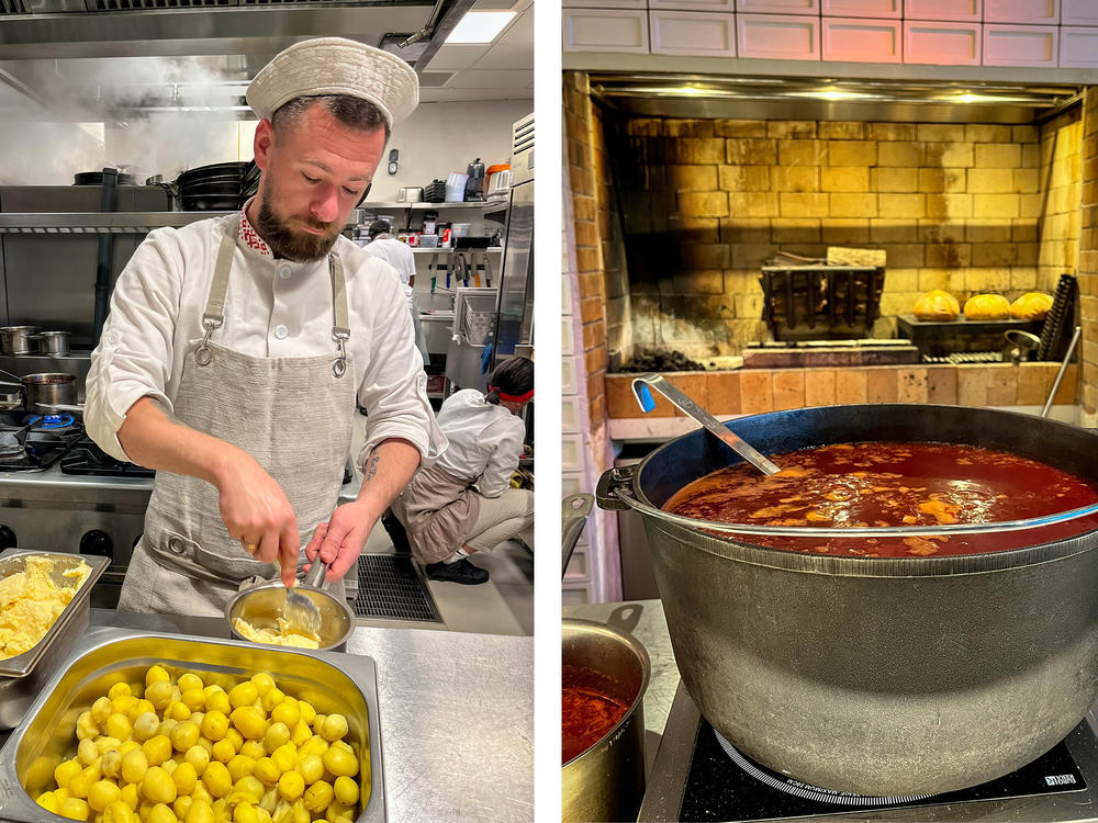 (Left) A Ukrainian chef prepares mashed potatoes in the kitchen at Yoy restaurant. (Right) Traditional Ukrainian beet stew known as borsch is being prepared. It's the restaurant's most popular dish.