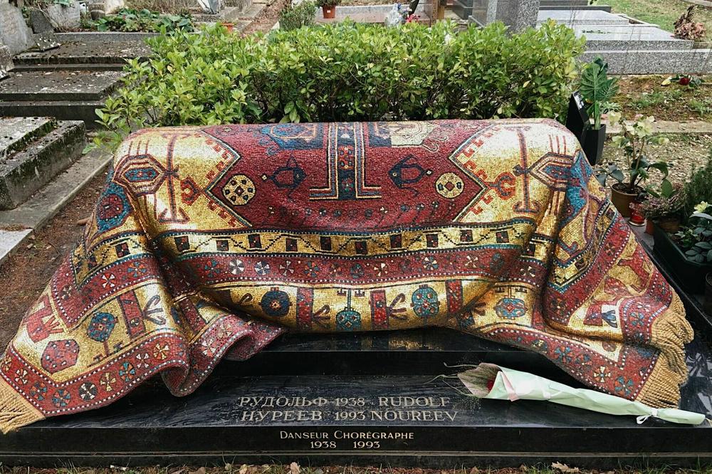 The grave of ballet great Rudolf Nureyev. The mosaic of an Oriental carpet recalls Nureyev's Tatar heritage.