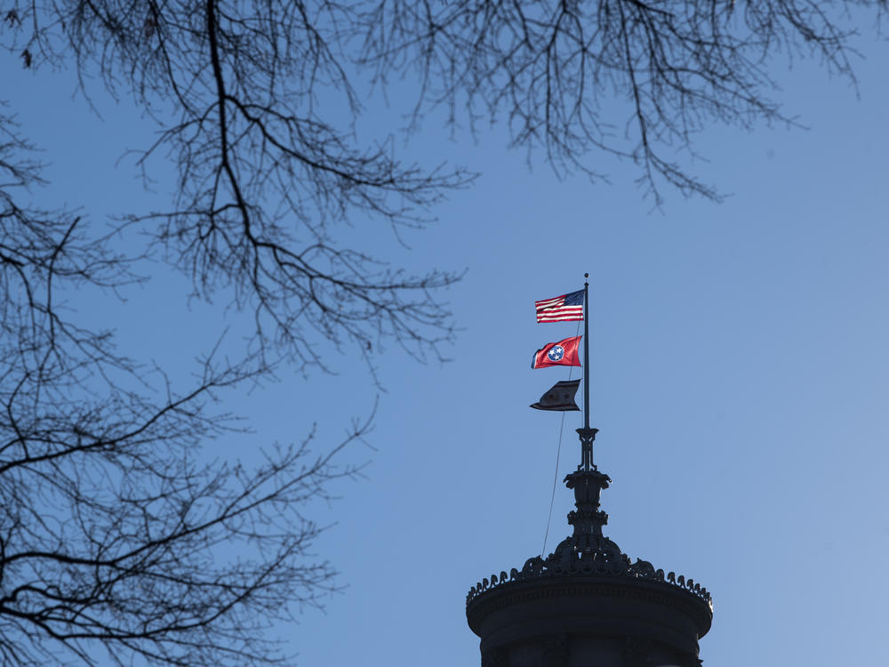 Flags fly over the state capitol, Friday, Feb.11, 2022, in Nashville, Tenn. Republican lawmakers there are working to restrict drag shows in the state.