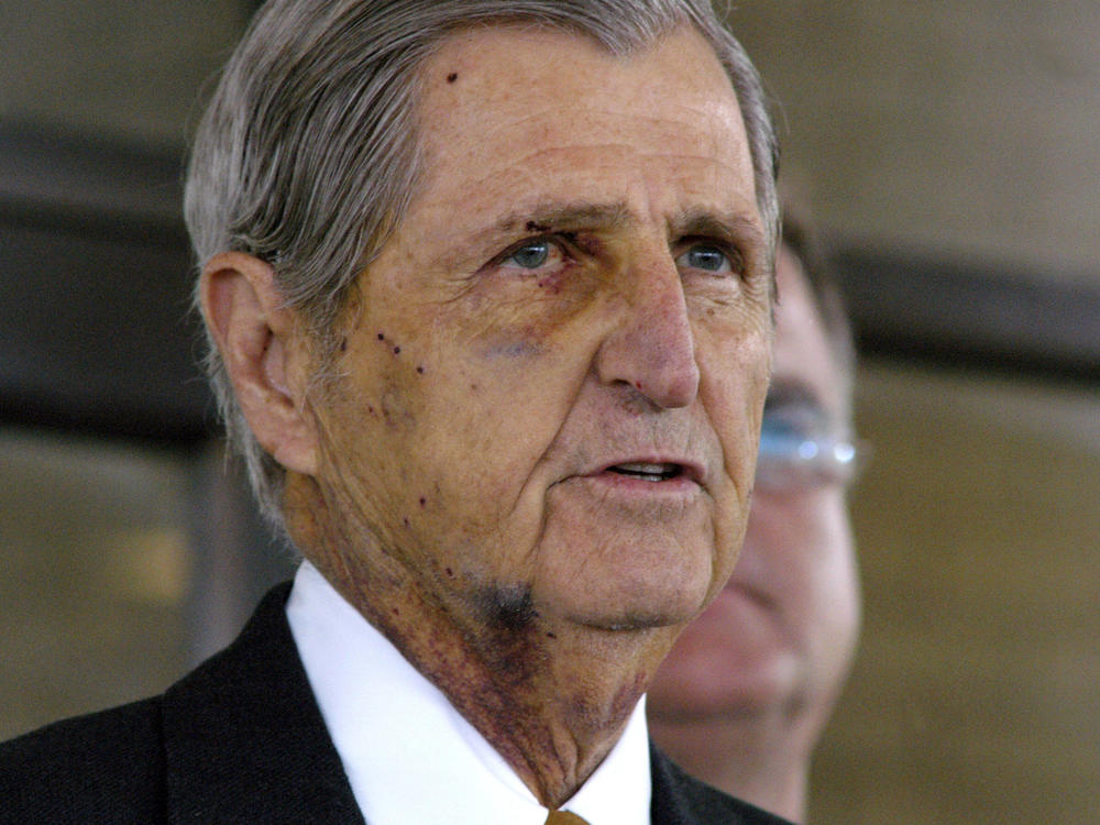 Harry Whittington speaks with members of the media on Feb. 17, 2006, in front of a hospital in Corpus Christi, Texas. Whittington, the man who then-Vice President Dick Cheney accidentally shot while they were hunting quail on a Texas ranch, died Saturday in Austin.
