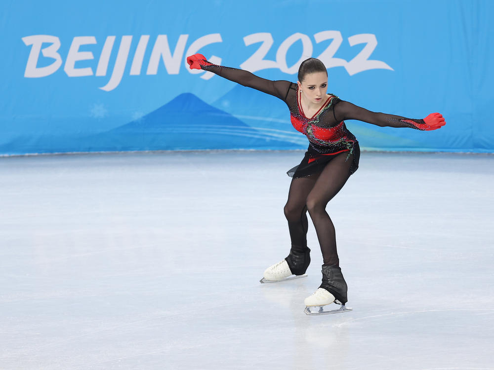 Kamila Valieva of Russia competes during the Women Single Skating Free Skate at the Beijing 2022 Winter Olympic Games at Capital Indoor Stadium on February 07, 2022.