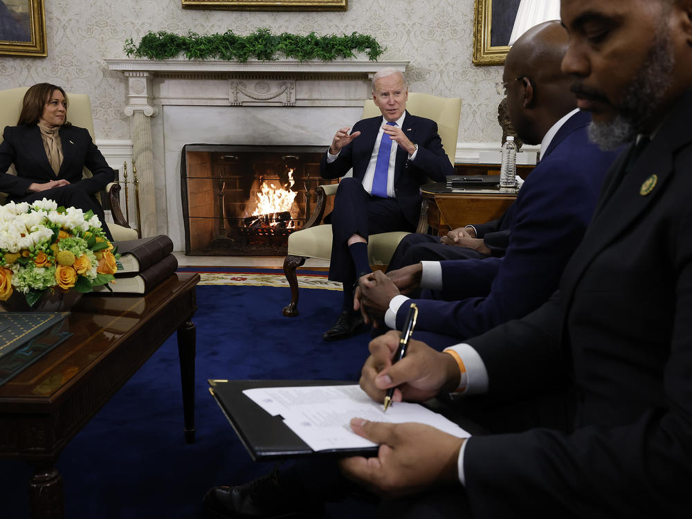 Members of the Congressional Black Caucus meet with President Biden and Vice President Harris in the Oval Office on Feb. 2 to discuss police reform.