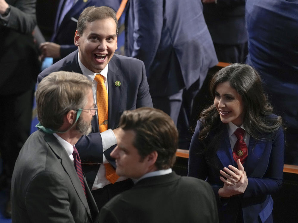 Rep. George Santos and other Republicans gather in the House Chamber before President Biden delivered the State of the Union address on Tuesday.