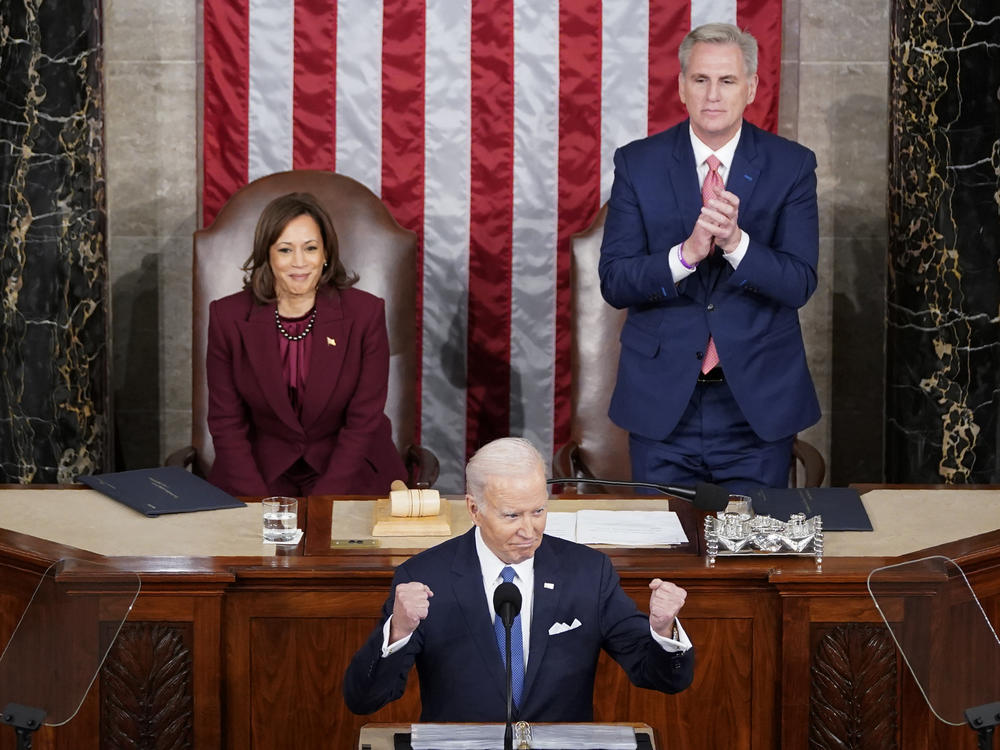 Vice President Harris and Speaker of the House Kevin McCarthy listen as President Biden delivers his State of the Union address.