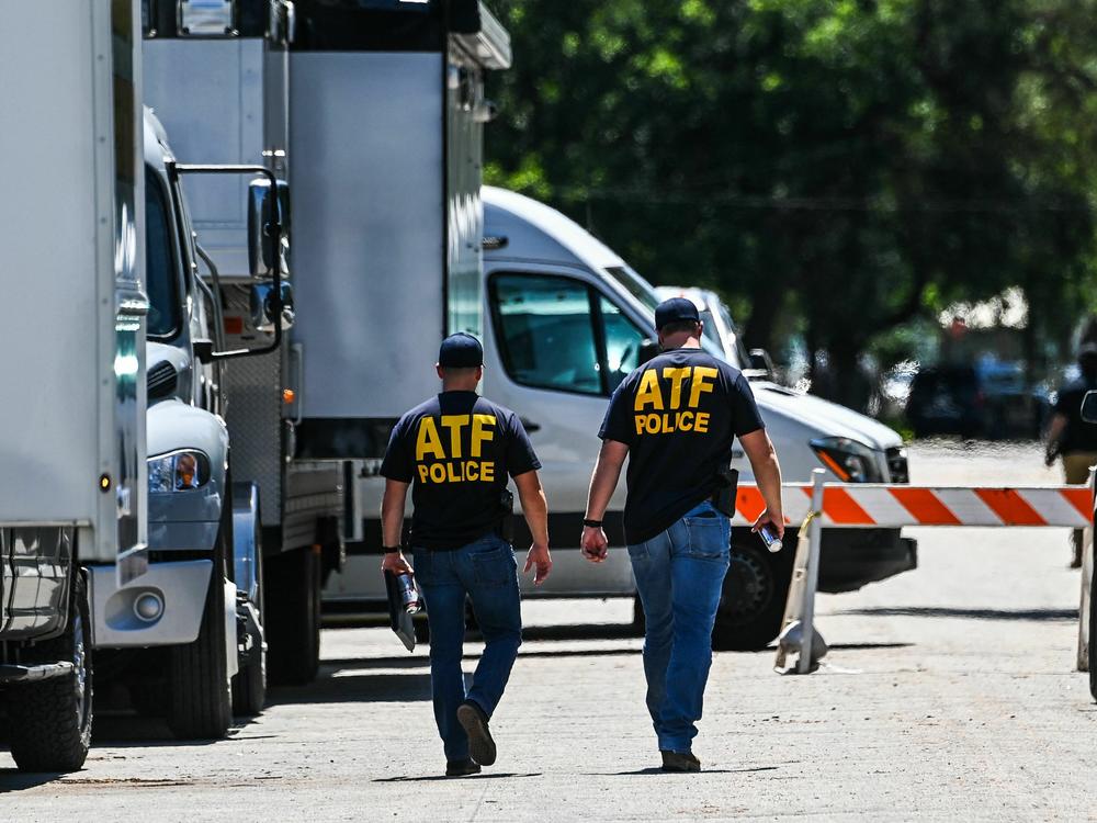 ATF police officers are seen outside the Robb Elementary School in Uvalde, Texas, on May 25, 2022.