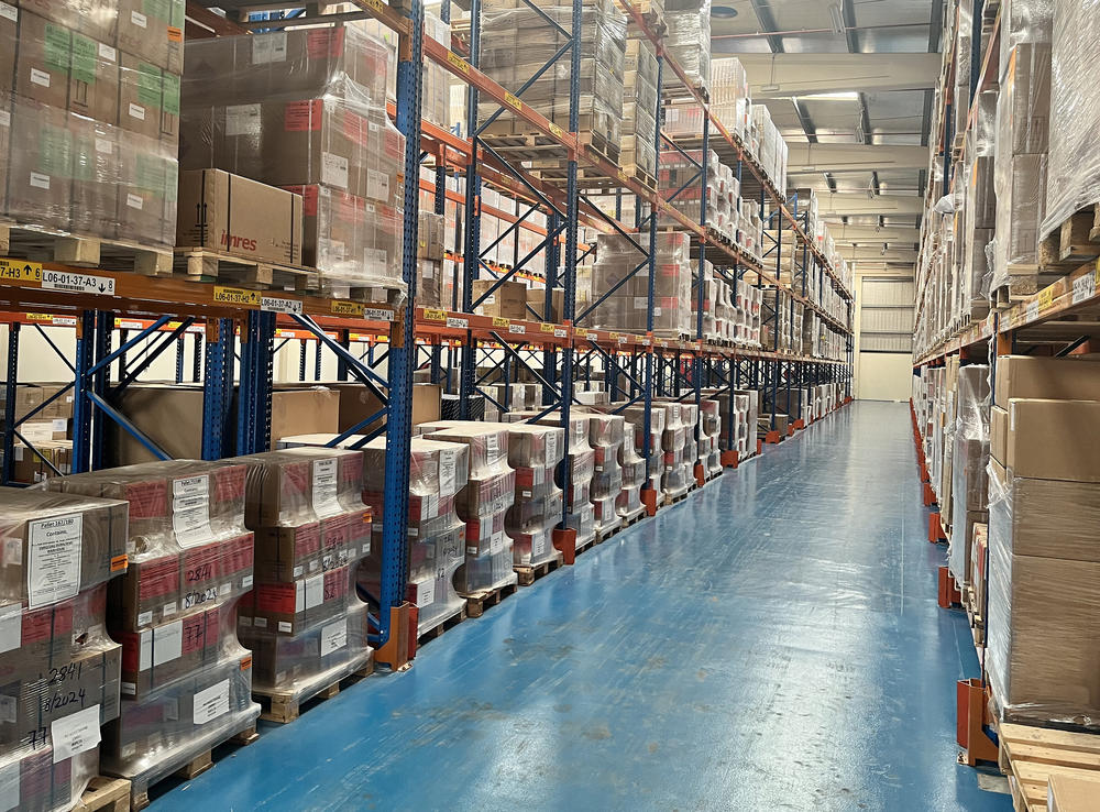 Supplies are stored inside one of the 20 warehouses belonging to the World Health Organization's global logistics hub in Dubai's International Humanitarian City.