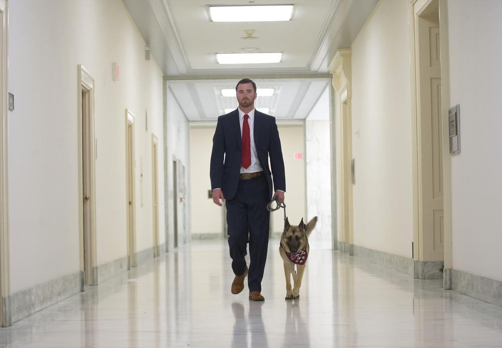 Kaya walks alongside Cole Lyle at the Rayburn House Office building on Capitol Hill.