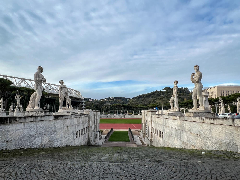 The fascist origins of this Roman sports center can be seen in its monumental sculpture and architecture.