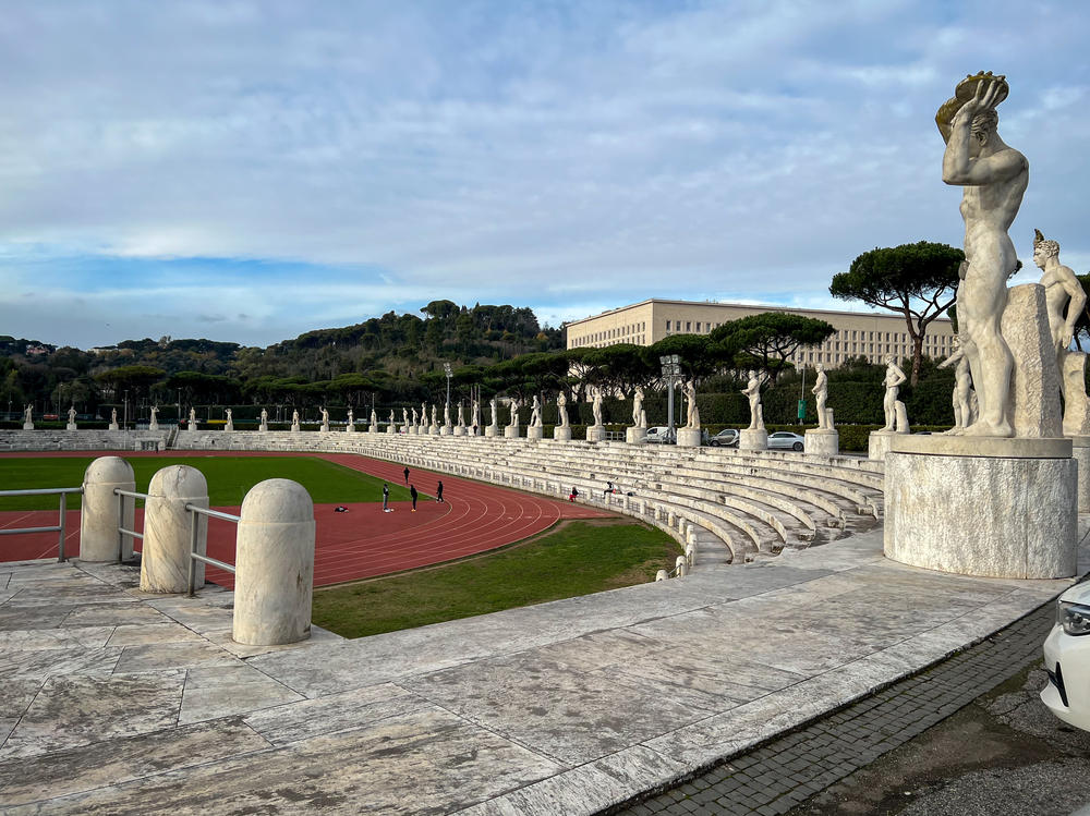 Statues of nude male athletes in classic fascist pose adorn this sports center in Rome.