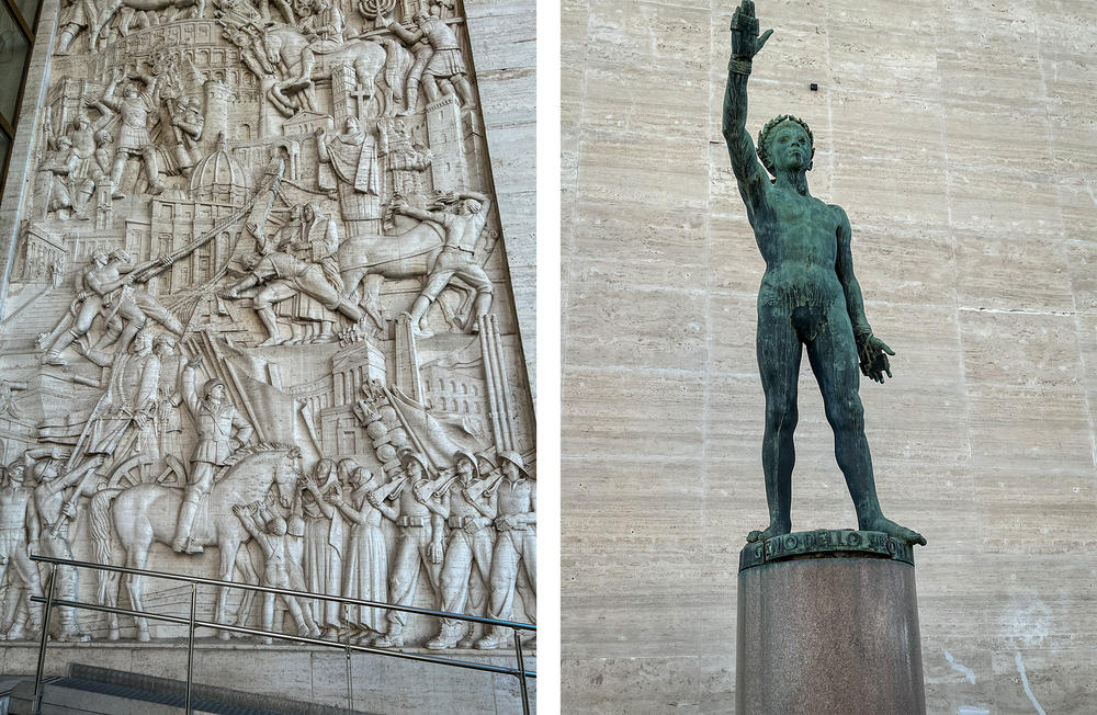 A sports center built under fascist dictator Benito Mussolini remains in use in modern Rome. From left: A bas-relief features an image of Mussolini. A statue of an athlete has its hand raised in the fascist salute.