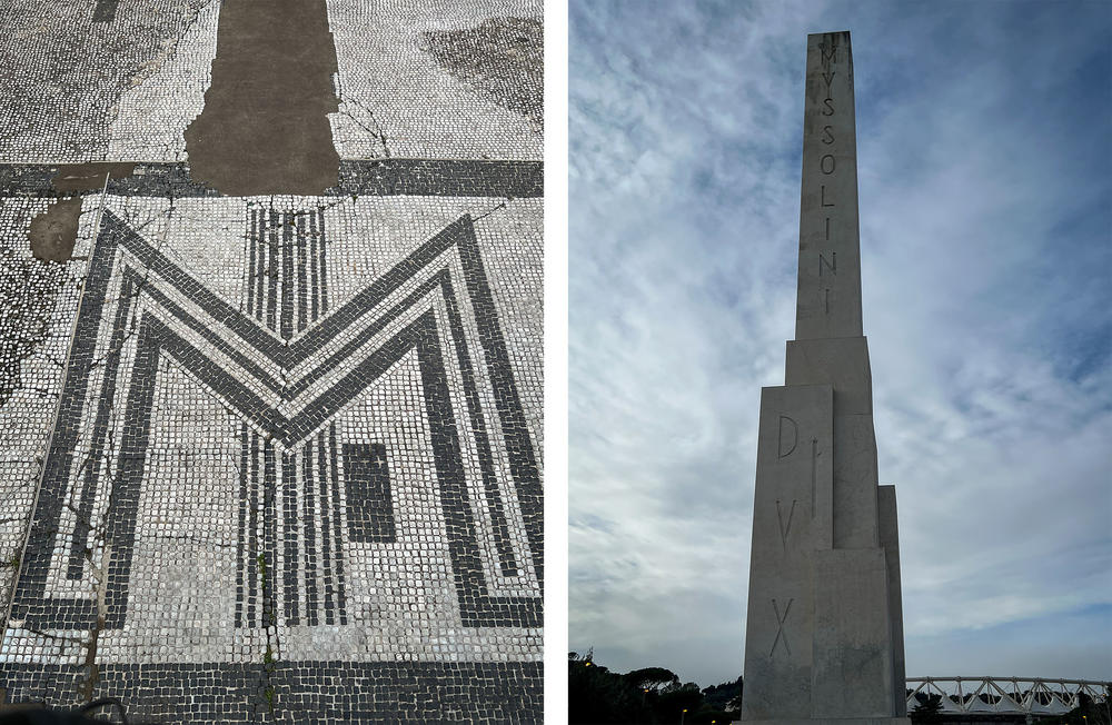 A mosaic pays tribute to Mussolini with a large M, left. Nearby, a 57-foot obelisk is inscribed 