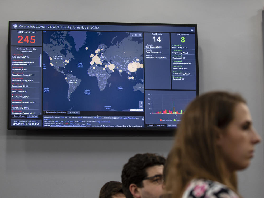 The COVID-19 dashboard created by the Johns Hopkins Center for Systems Science and Engineering is displayed during a briefing on Capitol Hill in early March 2020, when only 245 confirmed cases had been reported in the U.S.