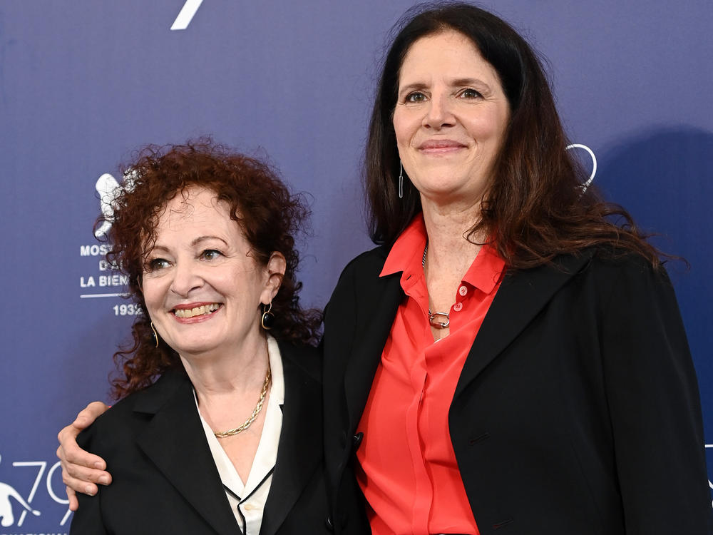 Nan Goldin and Laura Poitras attend the Venice International Film Festival on Sept. 3, 2022.