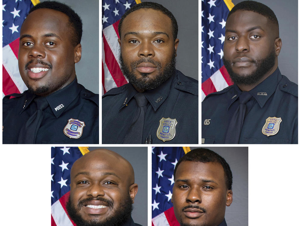This combination of images provided by the Memphis Police Department shows, from top row from left, officers Tadarrius Bean, Demetrius Haley, Emmitt Martin III, bottom row from left, Desmond Mills, Jr. and Justin Smith.