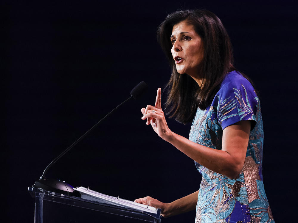 Former South Carolina Republican Gov. Nikki Haley speaks at the Republican Jewish Coalition Annual Leadership Meeting in Las Vegas, Nev., on Nov. 19, 2022.