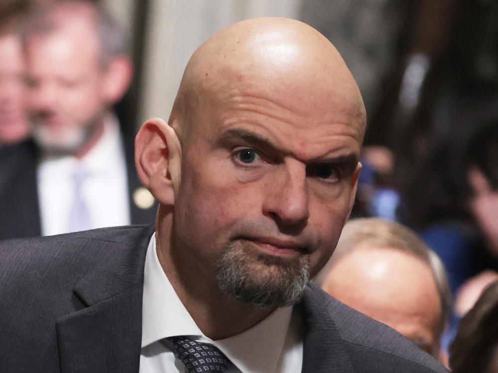 Sen. John Fetterman, D-Pa., arrives for President Biden's State of the Union address earlier this week. Fetterman was hospitalized on Wednesday and discharged on Friday.