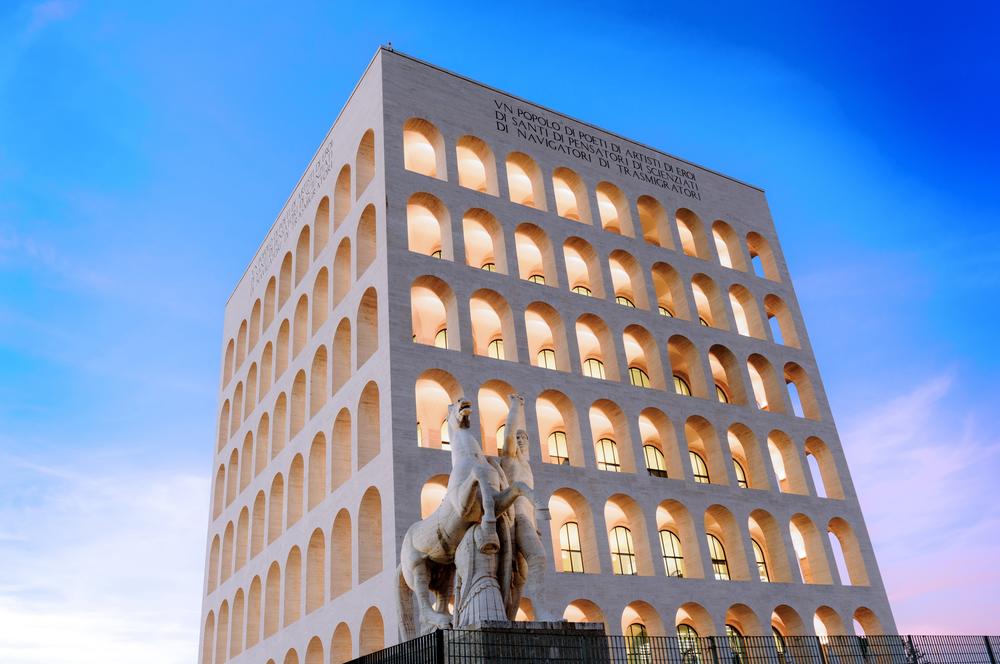 Palazzo della Civiltà Italiana, known as Square Colosseum, has 416 arches and statues celebrating heroism, philosophy and political genius. It's also the global headquarters of the Fendi fashion house.