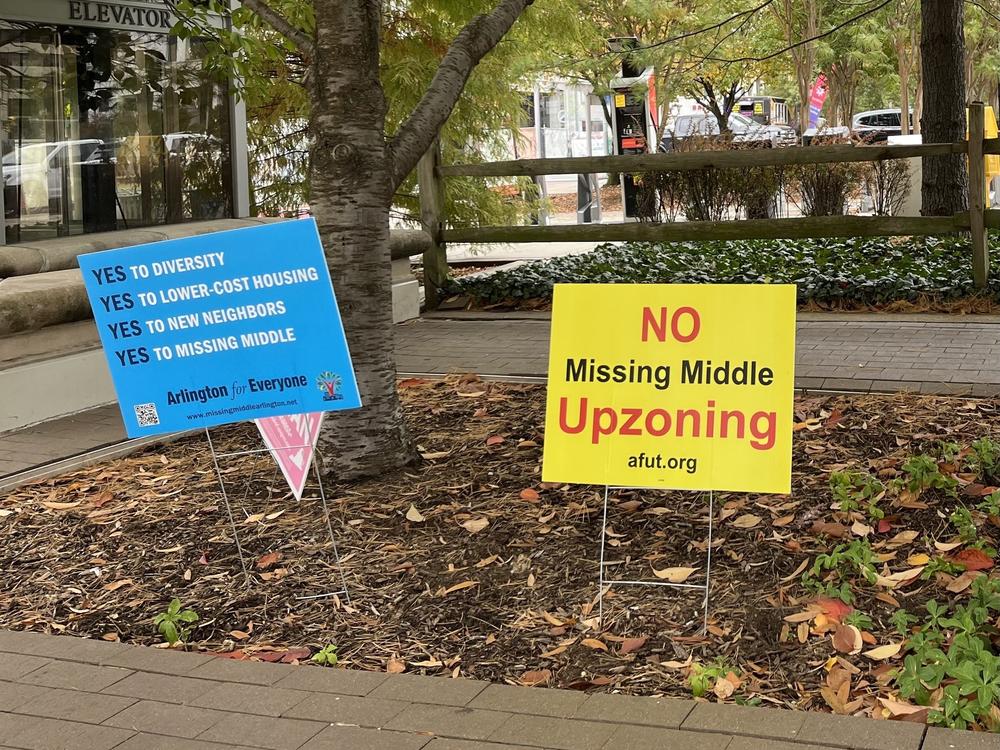 Dueling signs dot Virginia's Arlington County as residents debate the zoning reform proposal. This photo first appeared in DCist. Click <a href=