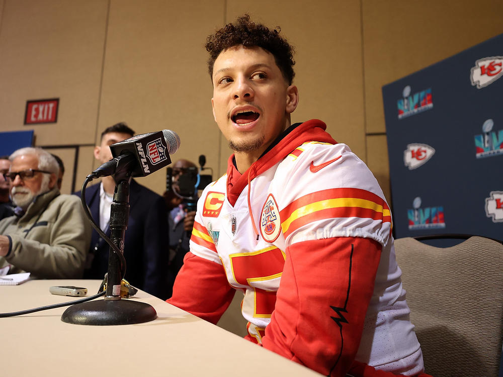 Patrick Mahomes of the Kansas City Chiefs speaks to the media during the Kansas City Chiefs media availability prior to Super Bowl LVII at the Hyatt Regency Gainey Ranch on Feb. 7, 2023 in Scottsdale, Arizona.