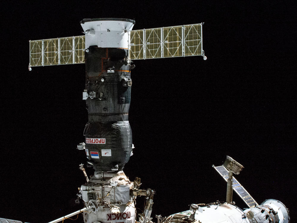 The Russian Progress MS-21 cargo craft is pictured on Oct. 28, 2022, shortly after docking at the International Space Station. On Saturday, the Russian space corporation said the spacecraft lost cabin pressure.