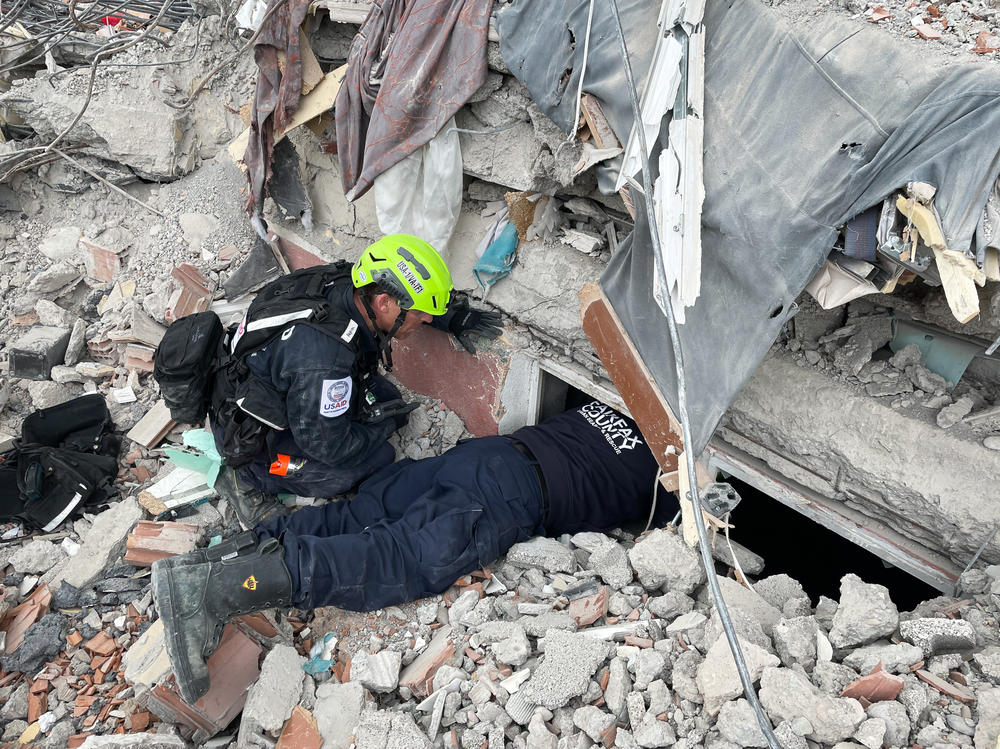 Members of the International Urban Search and Rescue Team at work in Adiyaman, Turkey.