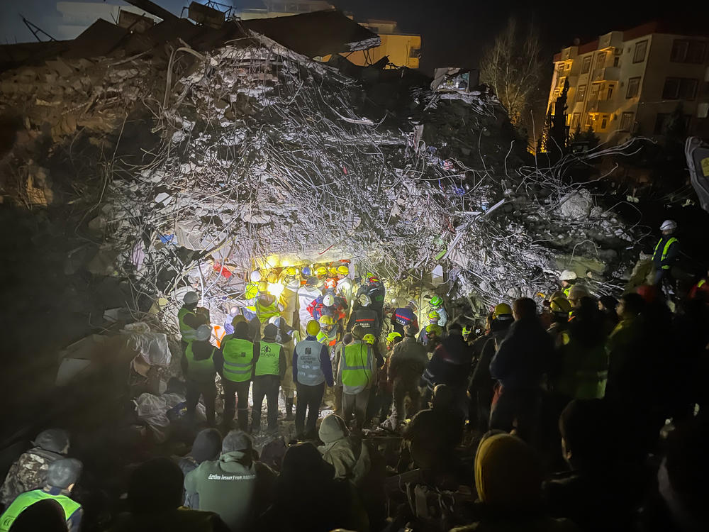 The site where a Turkish mining crew attempts to reach a woman and her child trapped inside their collapsed apartment building, almost five days after the earthquake.