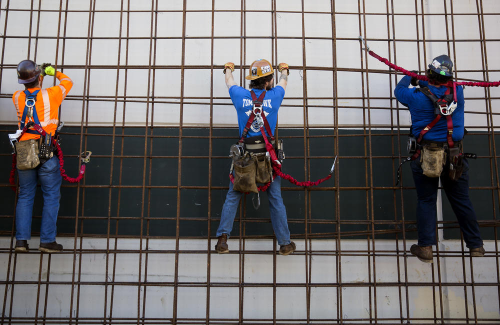 In 2018, ironworkers practiced tying rebar at the Iron Workers Local Union #86 Administrative Offices in Tukwila, Wash.