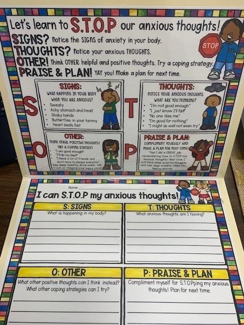 Draughn likes to tell her students about the physical symptoms of anxiety (sweating, fidgeting, nervousness). She sometimes uses this anxiety tool to help them work through anxious feelings.