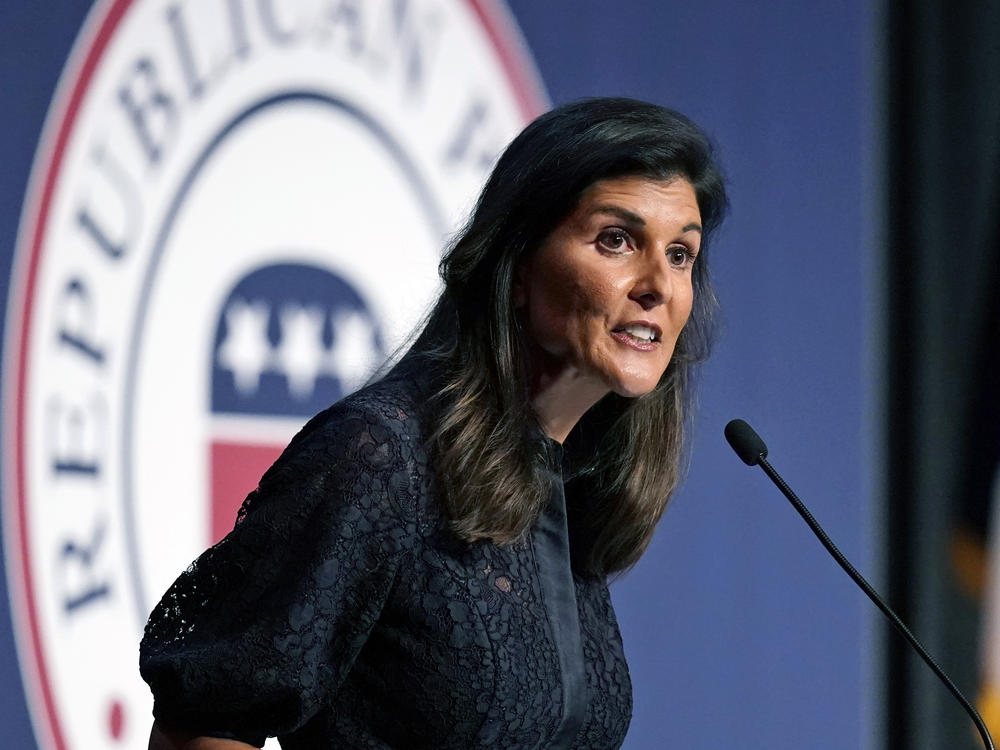 In this file image, former U.N. Ambassador and former South Carolina Gov. Nikki Haley speaks during the Iowa Republican Party's Lincoln Dinner, on June 24, 2021, in West Des Moines, Iowa.