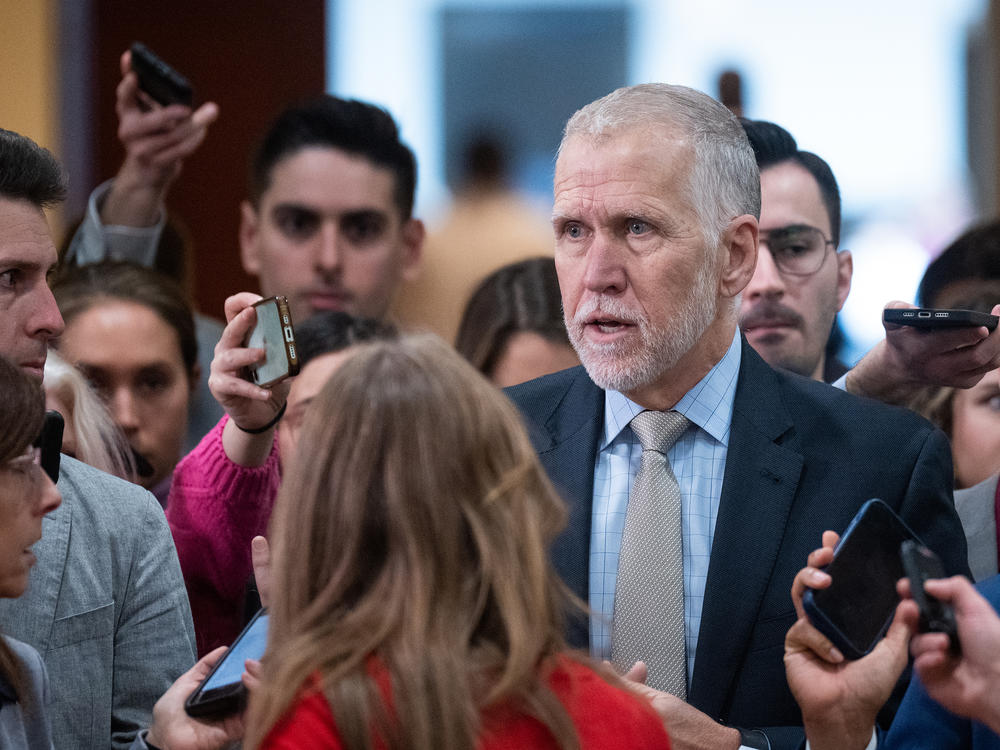 Sen. Thom Tillis, R-N.C., speaks to reporters after the Senate classified briefing on the three unidentified objects shot down by the U.S. military over Alaska, Canada and Lake Huron, in the Capitol on Tuesday, February 14, 2023.