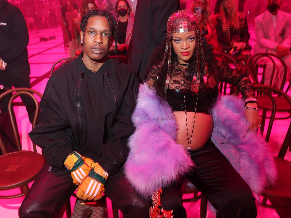 Rihanna and her partner ASAP Rocky pictured at Milan Fashion Week in February 2022.